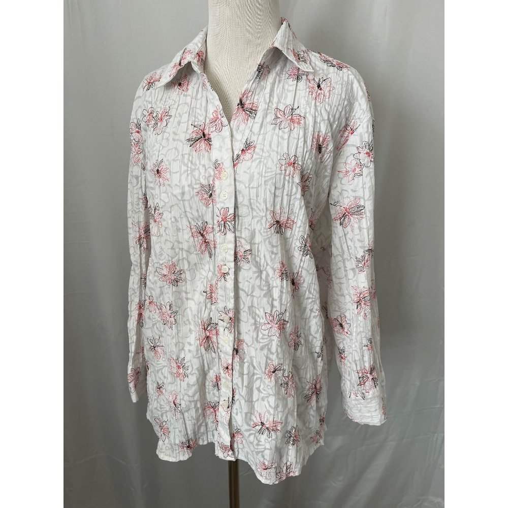 apt.9 White w/ Coral/Brown Floral Embroidered Crinkle Textured Button-up Shirt - Picture 10 of 10